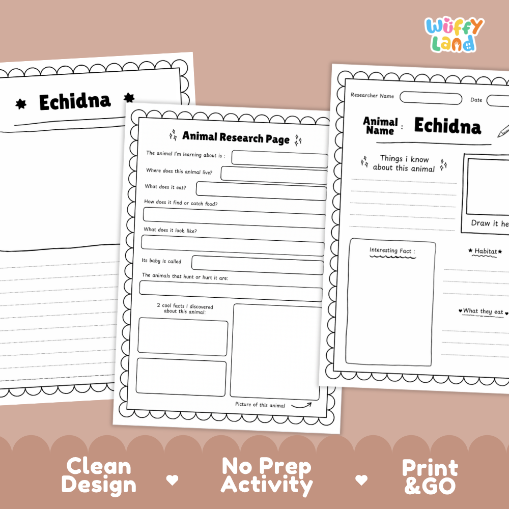 Three printable worksheet pages for animal research focused on echidna, shown on a warm beige background with the text 'Clean Design', 'No Prep Activity', and 'Print & GO'. The worksheets are black-and-white with writing fields, labels, and a drawing box.