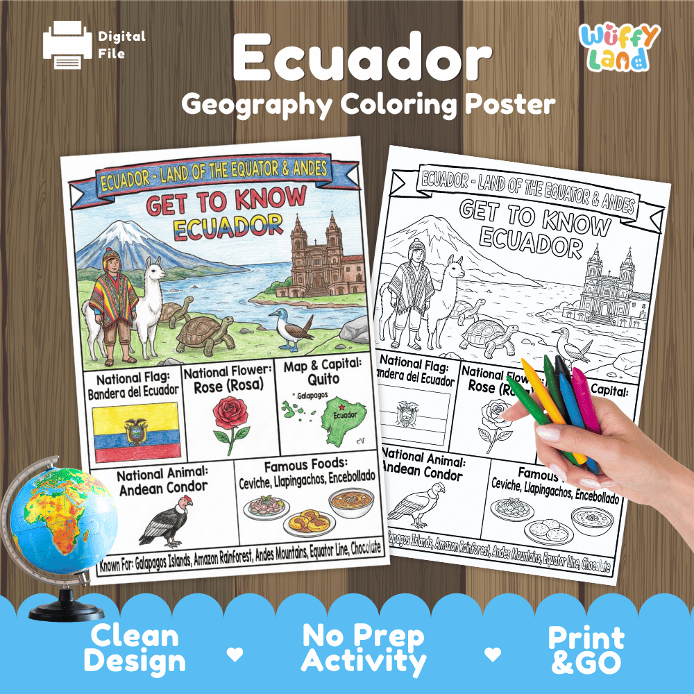 Ecuador Geography Coloring Poster and Fact Sheet Printables