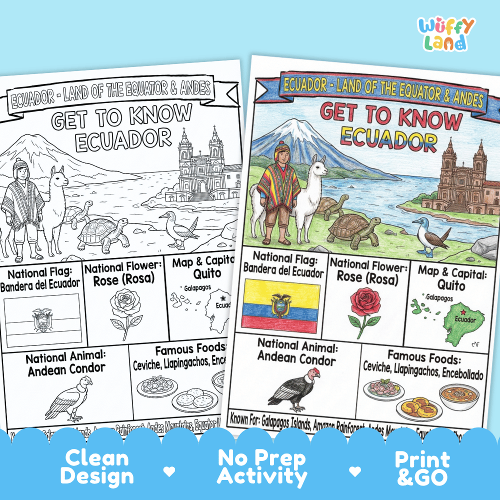 Ecuador Geography Coloring Poster and Fact Sheet Printables