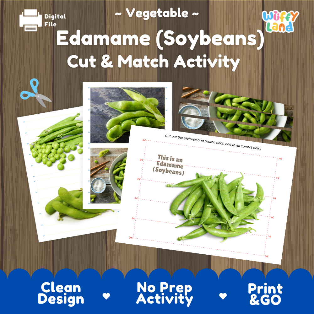 Edamame soybeans cut and match activity cover showing printable fine motor puzzle sheets and vegetable photographs