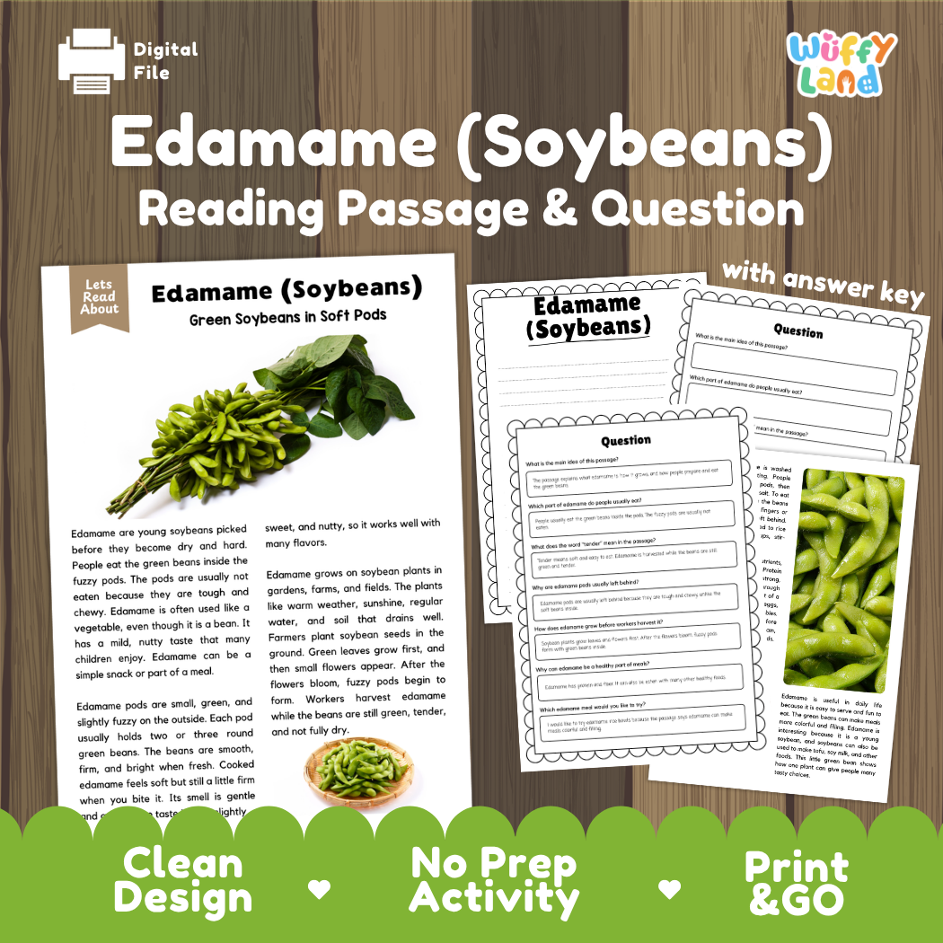 Edamame soybeans reading comprehension passage and questions printable activity pack with answer key for elementary students