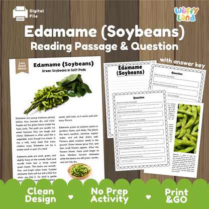 Edamame soybeans reading comprehension passage and questions printable activity pack with answer key for elementary students