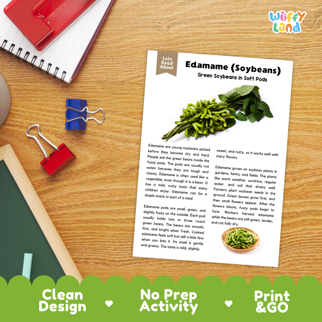 Student reading comprehension worksheet with short-answer questions and lined sections about edamame soybeans