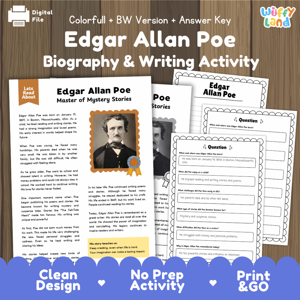 Edgar Allan Poe biography and reading comprehension worksheets pack featuring passage, writing prompt, and answer key