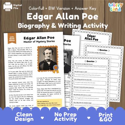 Edgar Allan Poe biography and reading comprehension worksheets pack featuring passage, writing prompt, and answer key