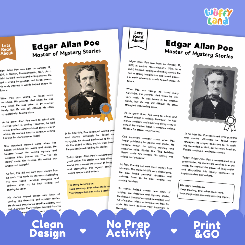 Lined writing activity page with decorative frame for student writing assignments about Edgar Allan Poe