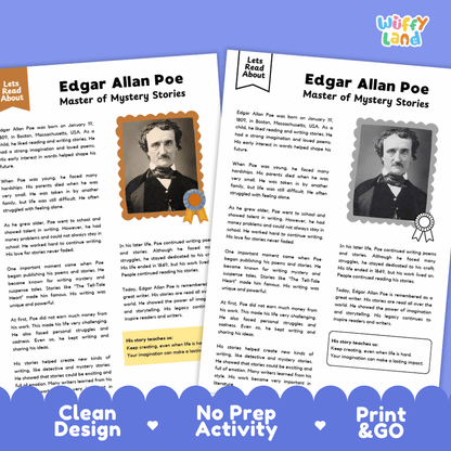 Lined writing activity page with decorative frame for student writing assignments about Edgar Allan Poe