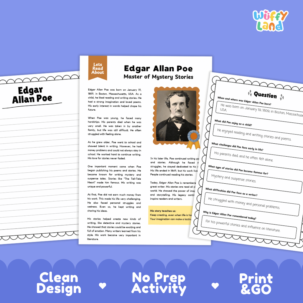Informational reading passage detailing the life and literature of Edgar Allan Poe with author portrait illustration