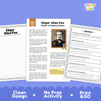 Informational reading passage detailing the life and literature of Edgar Allan Poe with author portrait illustration