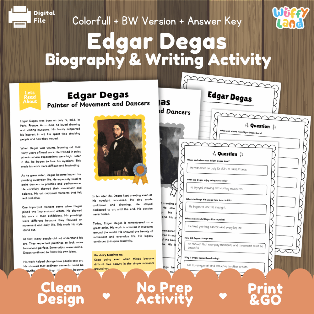 Edgar Degas Biography Reading Passage and Writing Activity Worksheets