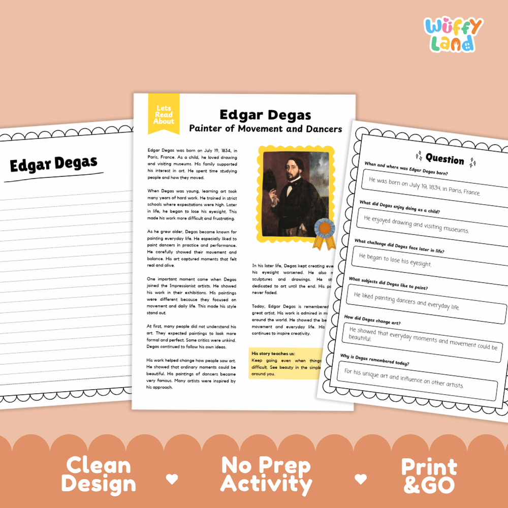 Edgar Degas Biography Reading Passage and Writing Activity Worksheets
