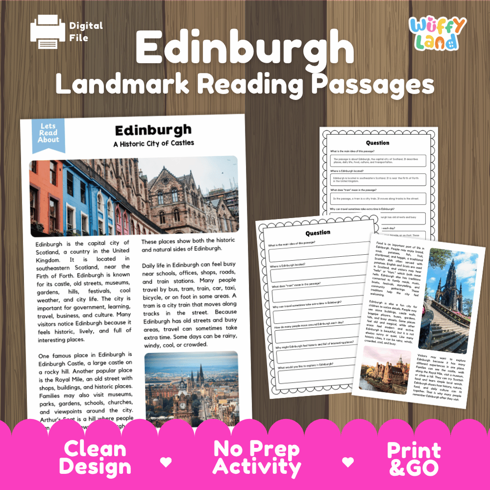 Edinburgh landmark reading passage and comprehension worksheet educational unit featuring nonfiction text and authentic Edinburgh Scotland castle and stone architecture photography