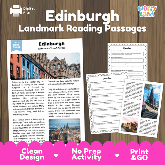 Edinburgh landmark reading passage and comprehension worksheet educational unit featuring nonfiction text and authentic Edinburgh Scotland castle and stone architecture photography