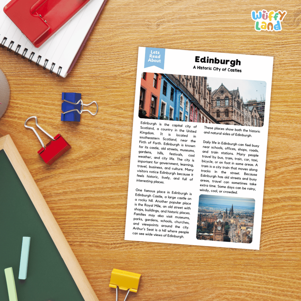 Lined reading comprehension question worksheet covering main ideas vocabulary terms and landmark facts about Edinburgh Scotland
