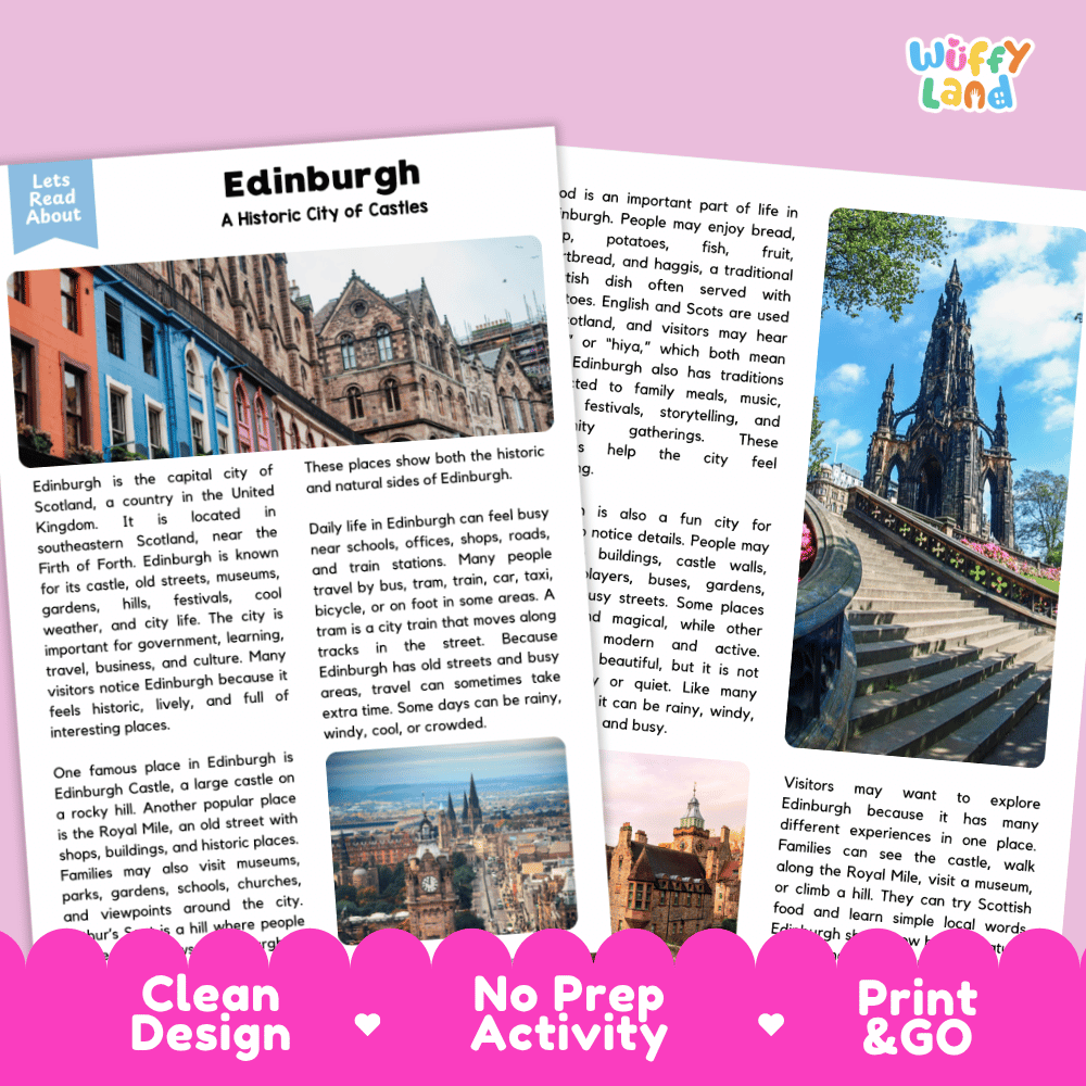 Reference sheet and answer key for Edinburgh landmark reading passage displaying completed comprehension answers and United Kingdom geography facts