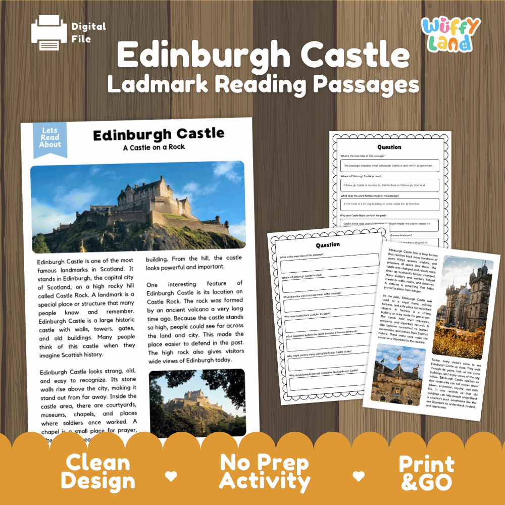 Edinburgh Castle Landmark Reading Passages and Comprehension Worksheets