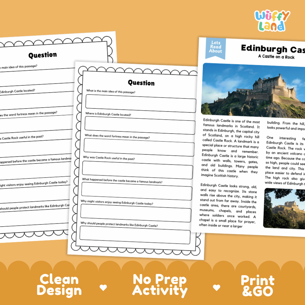 Edinburgh Castle Landmark Reading Passages and Comprehension Worksheets