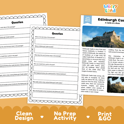 Edinburgh Castle Landmark Reading Passages and Comprehension Worksheets