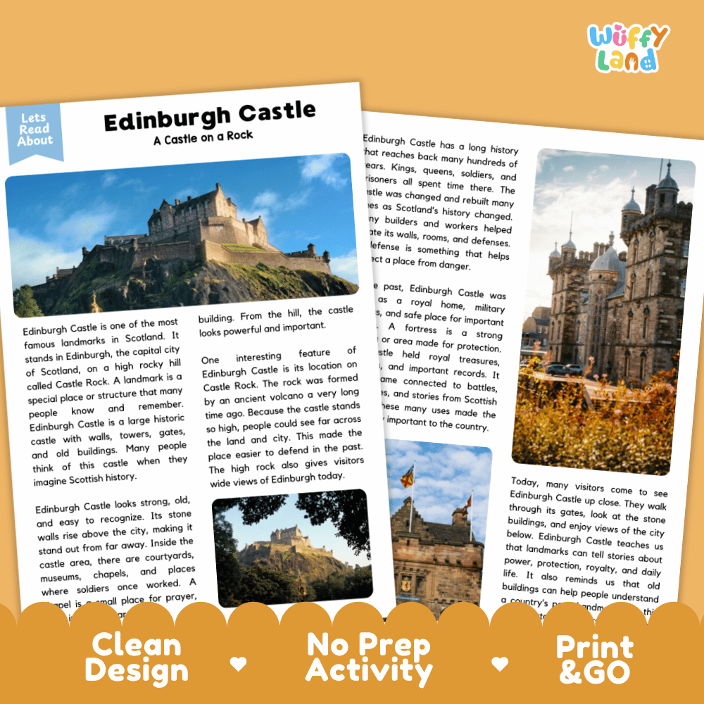 Edinburgh Castle Landmark Reading Passages and Comprehension Worksheets