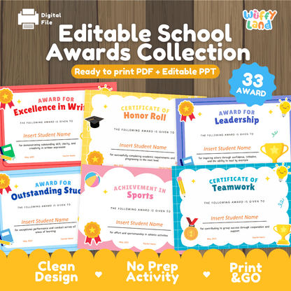 Editable School Awards Collection End of Year Certificates Printable PDF PPT