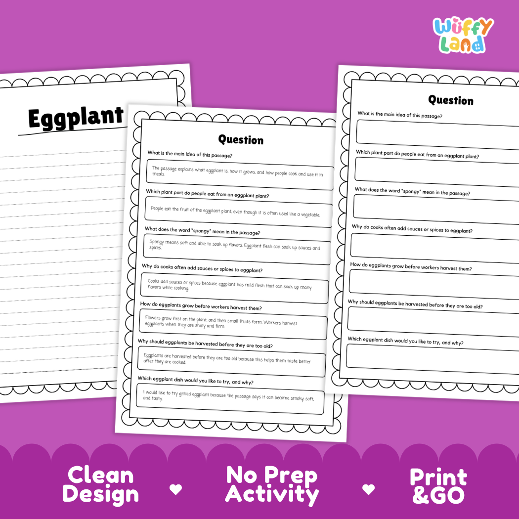 Informational reading passage page detailing eggplant fruit anatomy spongy texture plant growth and cooking uses with photos