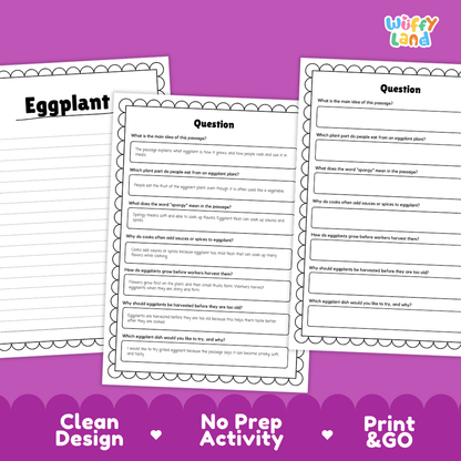 Informational reading passage page detailing eggplant fruit anatomy spongy texture plant growth and cooking uses with photos