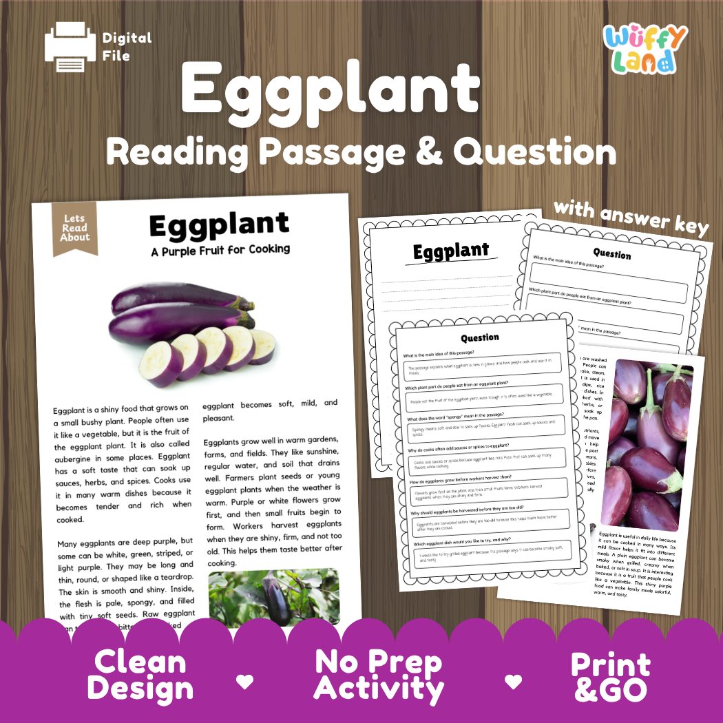 Eggplant reading comprehension passage and questions printable activity pack with answer key for elementary students