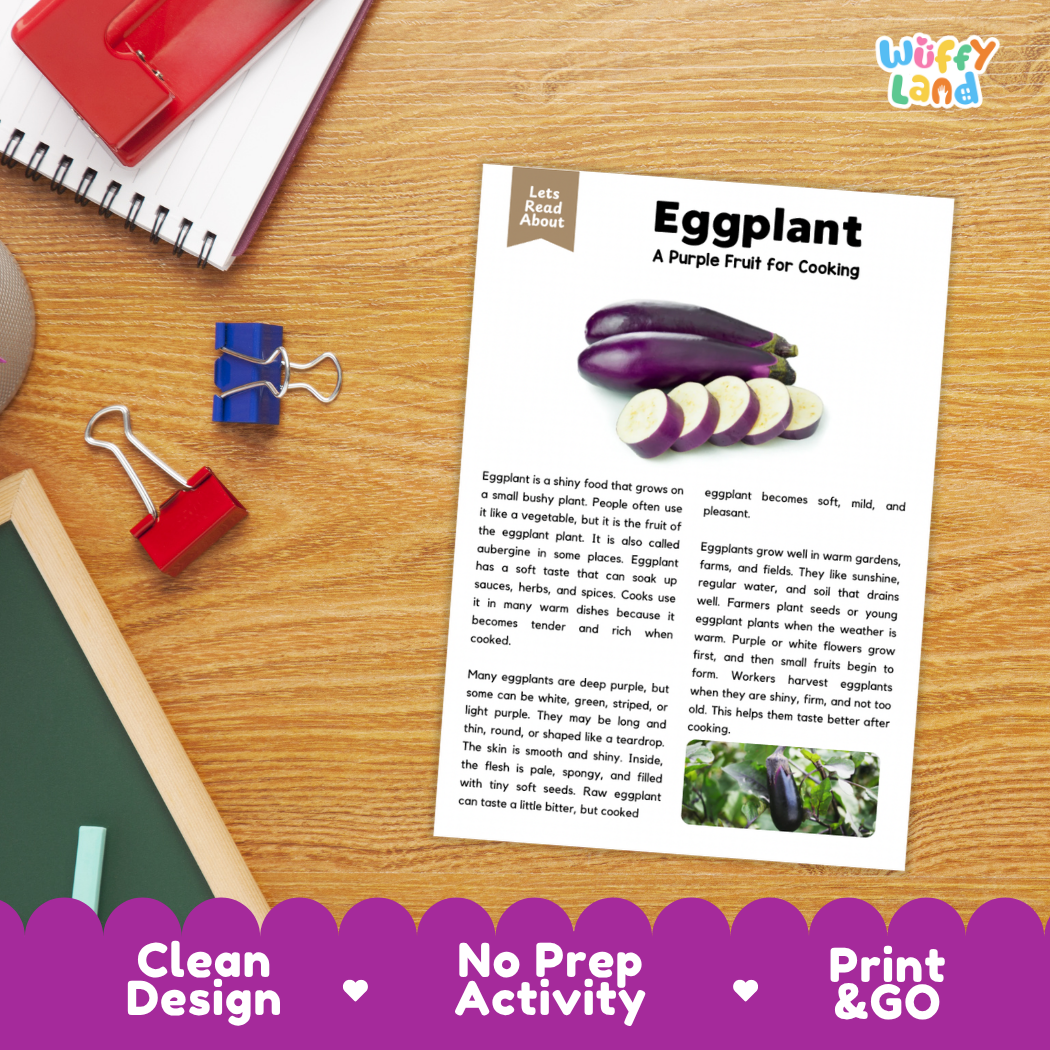 Student reading comprehension worksheet with short-answer questions and lined sections about eggplants