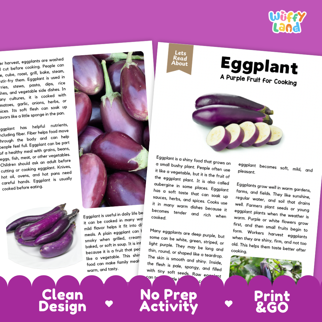 Teacher answer key page showing complete question solutions for eggplant reading comprehension practice