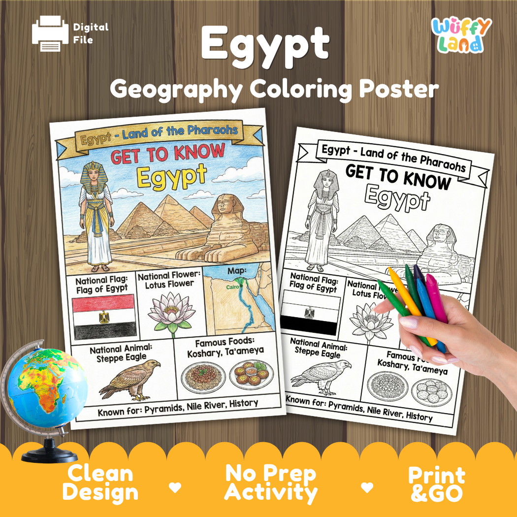 Get to know Egypt coloring poster paired with photo flashcards of Mosque of Muhammad Ali, Great Sphinx, Karnak Temple, and Ful Medames