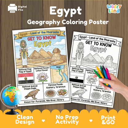 Get to know Egypt coloring poster paired with photo flashcards of Mosque of Muhammad Ali, Great Sphinx, Karnak Temple, and Ful Medames