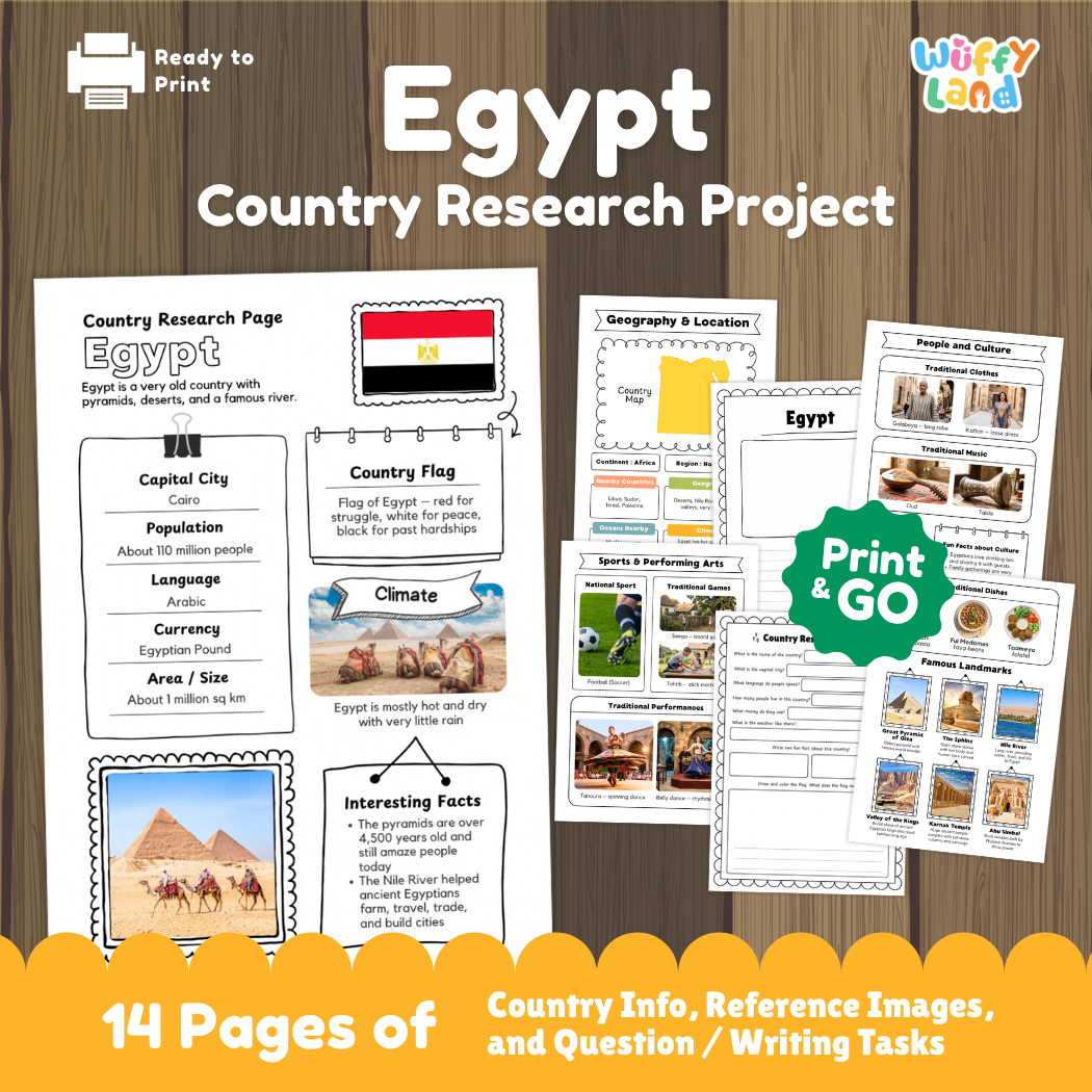 Student country research worksheet on Egypt featuring national flag, Cairo capital facts, desert climate, and geography map