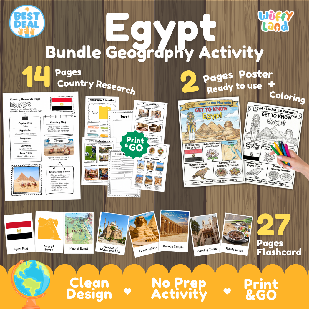 Egypt geography activity bundle cover showing 14 country research pages, 2 ready to use coloring posters, and 27 photo flashcards