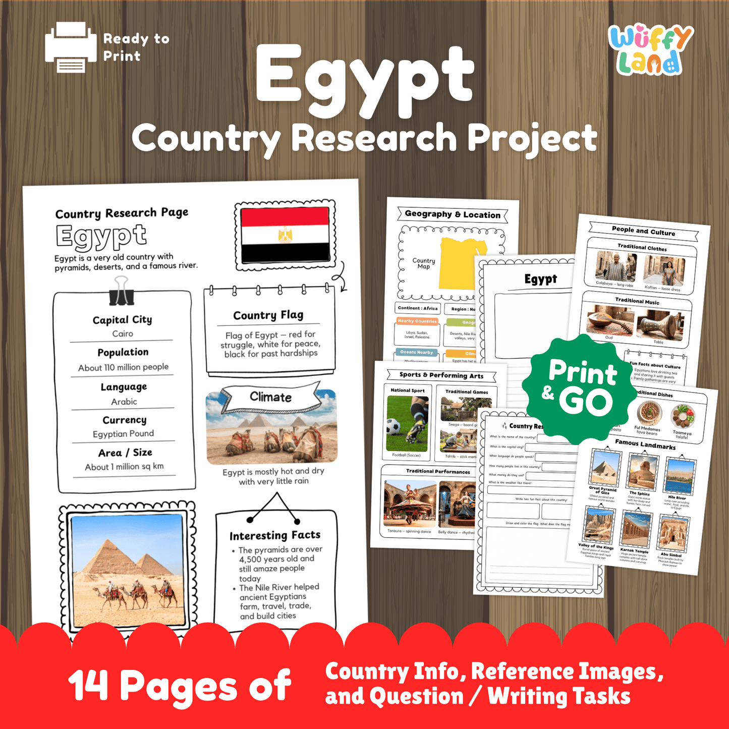 A country research project for Egypt, featuring sections on the capital city, population, language, currency, and climate. It includes additional information on traditional clothes, music, sports, famous landmarks, and a map of the country. The project also offers fun facts and details about the country's geography and location.
