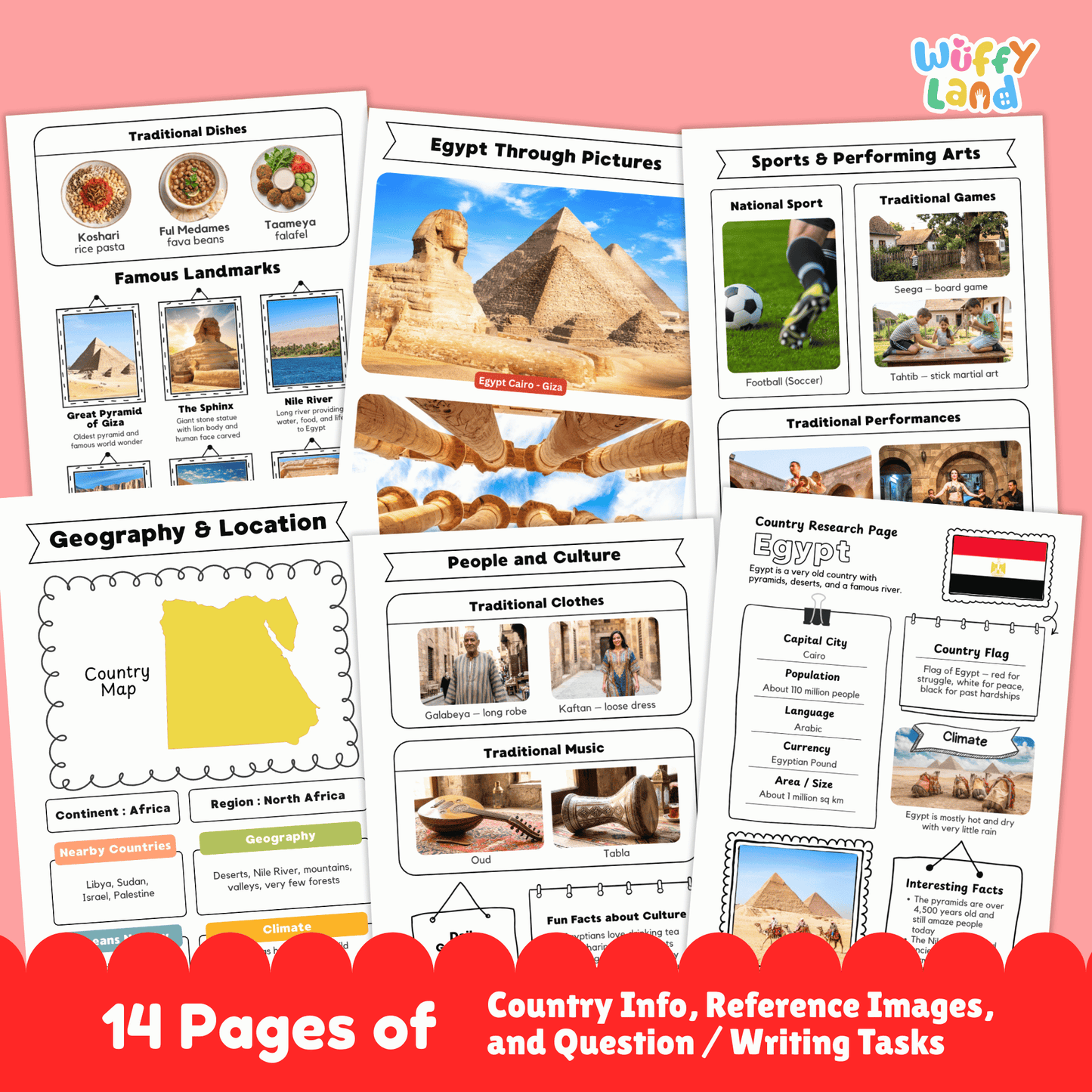 A country research project for Egypt, featuring sections on the capital city, population, language, currency, and climate. It includes additional information on traditional clothes, music, sports, famous landmarks, and a map of the country. The project also offers fun facts and details about the country's geography and location.