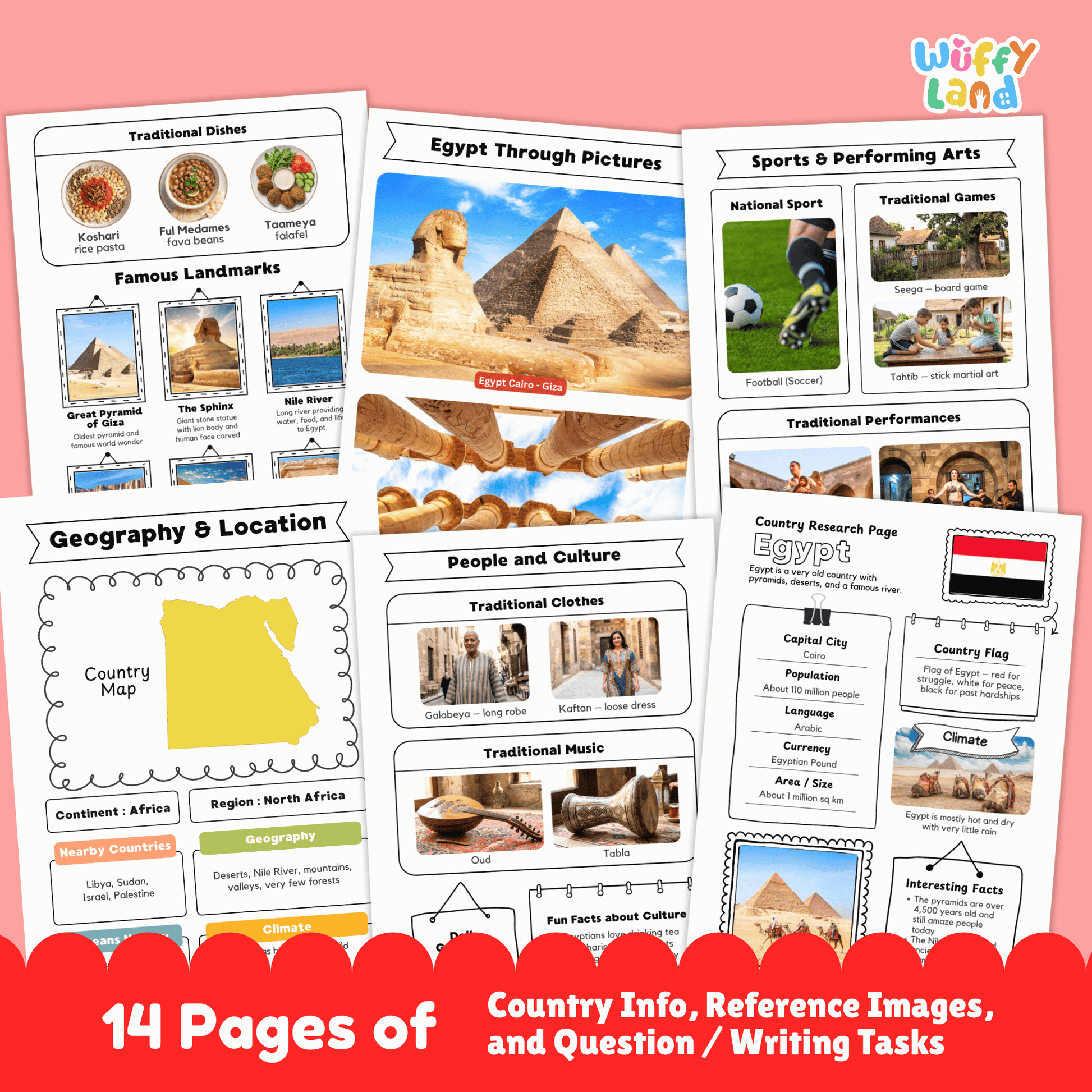 A country research project for Egypt, featuring sections on the capital city, population, language, currency, and climate. It includes additional information on traditional clothes, music, sports, famous landmarks, and a map of the country. The project also offers fun facts and details about the country's geography and location.