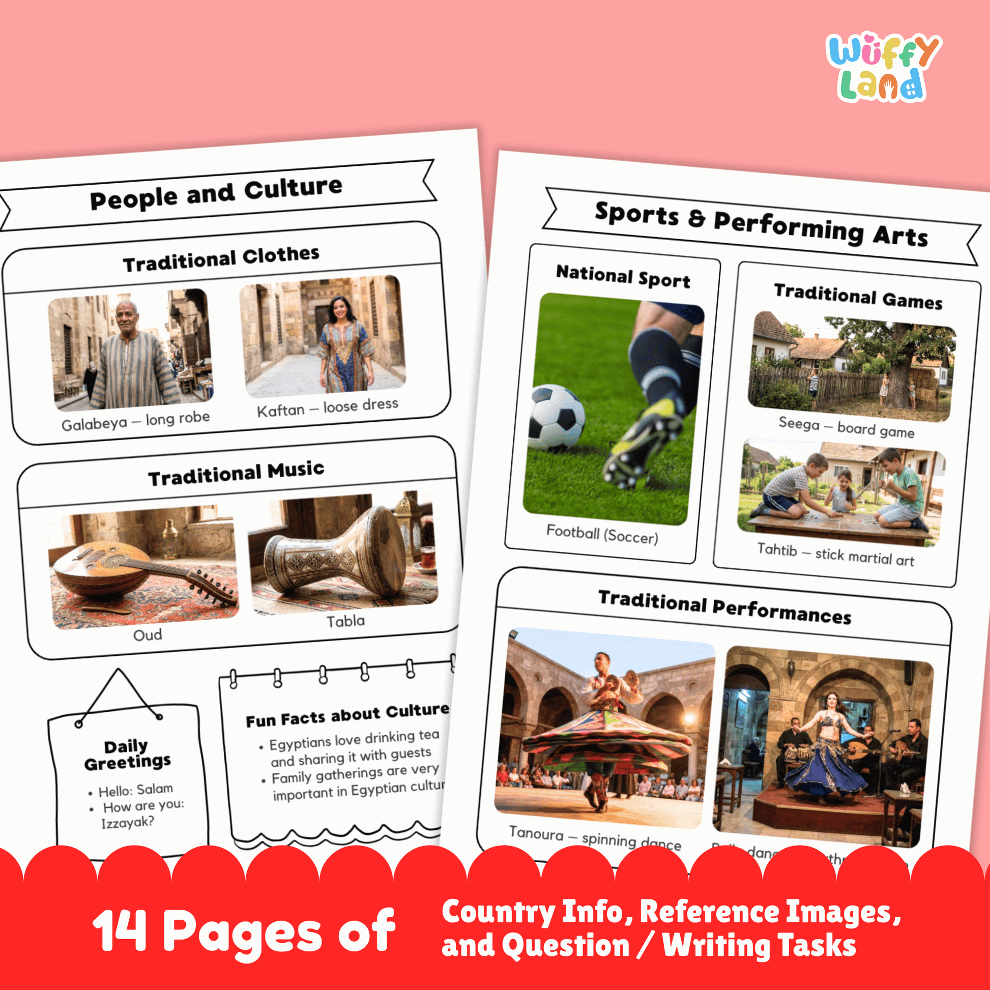 A country research project for Egypt, featuring sections on the capital city, population, language, currency, and climate. It includes additional information on traditional clothes, music, sports, famous landmarks, and a map of the country. The project also offers fun facts and details about the country's geography and location.