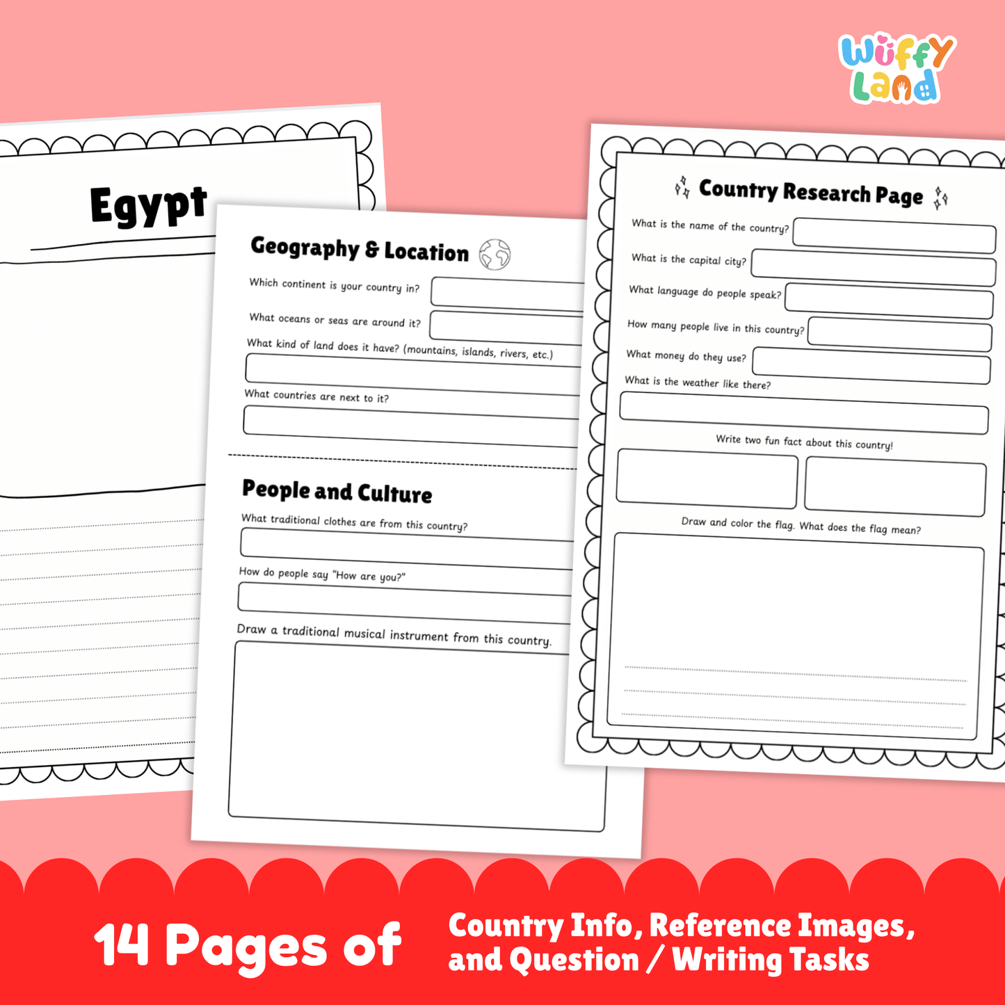 A country research project for Egypt, featuring sections on the capital city, population, language, currency, and climate. It includes additional information on traditional clothes, music, sports, famous landmarks, and a map of the country. The project also offers fun facts and details about the country's geography and location.