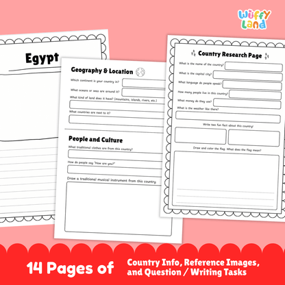 A country research project for Egypt, featuring sections on the capital city, population, language, currency, and climate. It includes additional information on traditional clothes, music, sports, famous landmarks, and a map of the country. The project also offers fun facts and details about the country's geography and location.