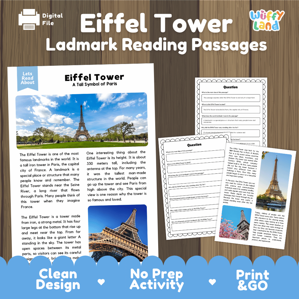 Eiffel Tower Landmark Reading Passages and Comprehension Worksheets