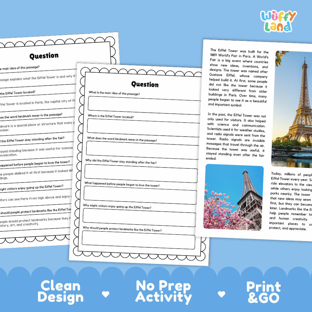 Eiffel Tower Landmark Reading Passages and Comprehension Worksheets