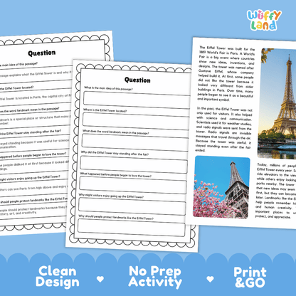 Eiffel Tower Landmark Reading Passages and Comprehension Worksheets