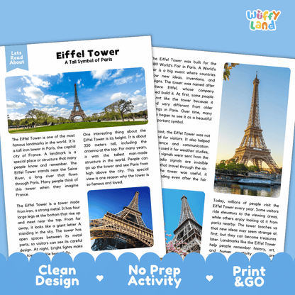 Eiffel Tower Landmark Reading Passages and Comprehension Worksheets