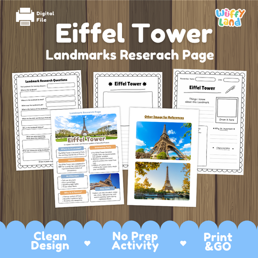 Digital preview of an Eiffel Tower landmarks research page activity sheet set by Wiffly Land, displayed on a wood-grain background with a blue banner at the bottom highlighting key features.