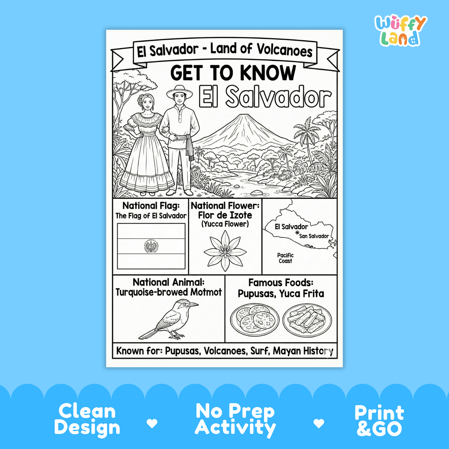El Salvador Country Study Geography Coloring Page Worksheet Activity