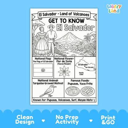 El Salvador Country Study Geography Coloring Page Worksheet Activity