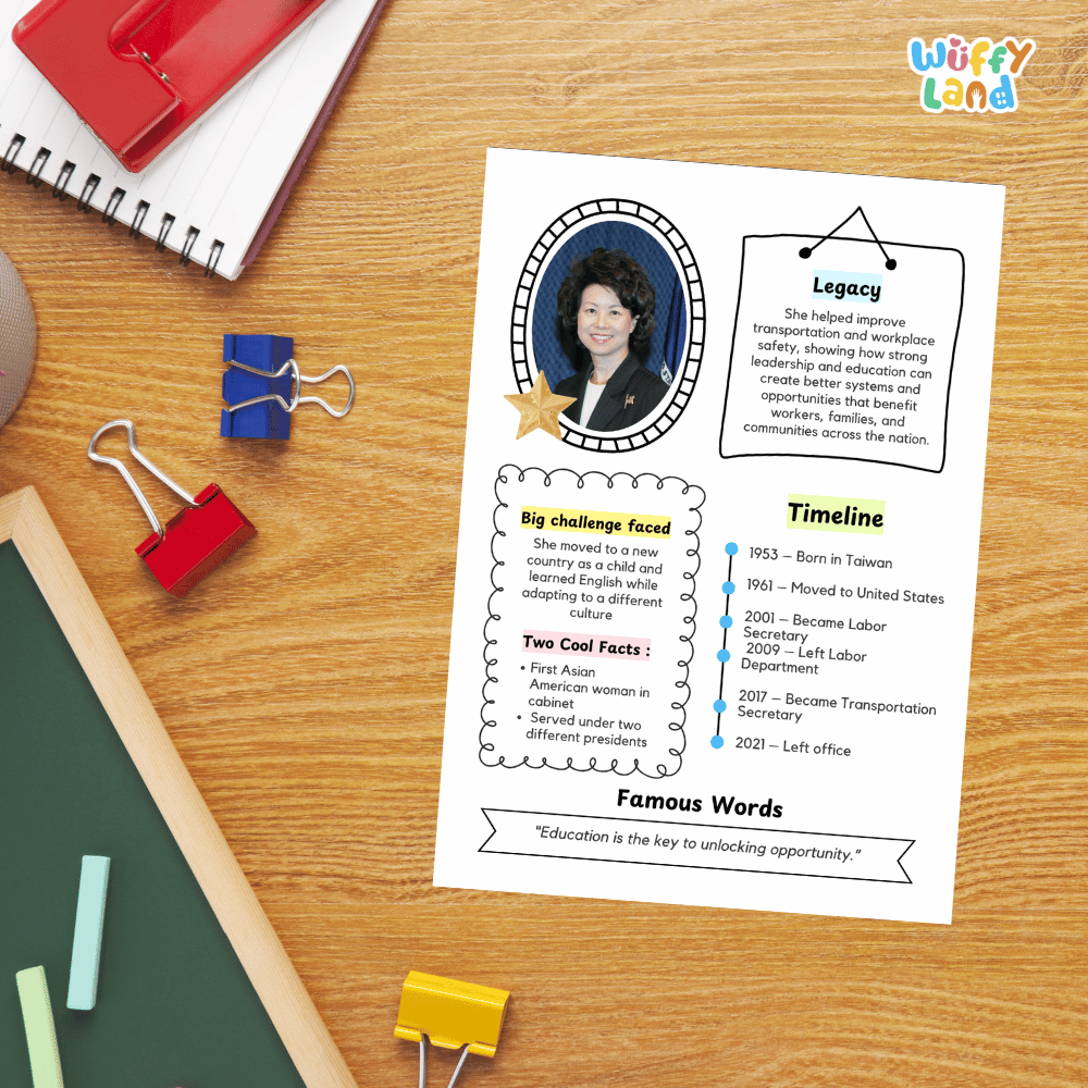 Guided research question worksheet organizer for students to research facts, challenges, and the legacy of Elaine Chao