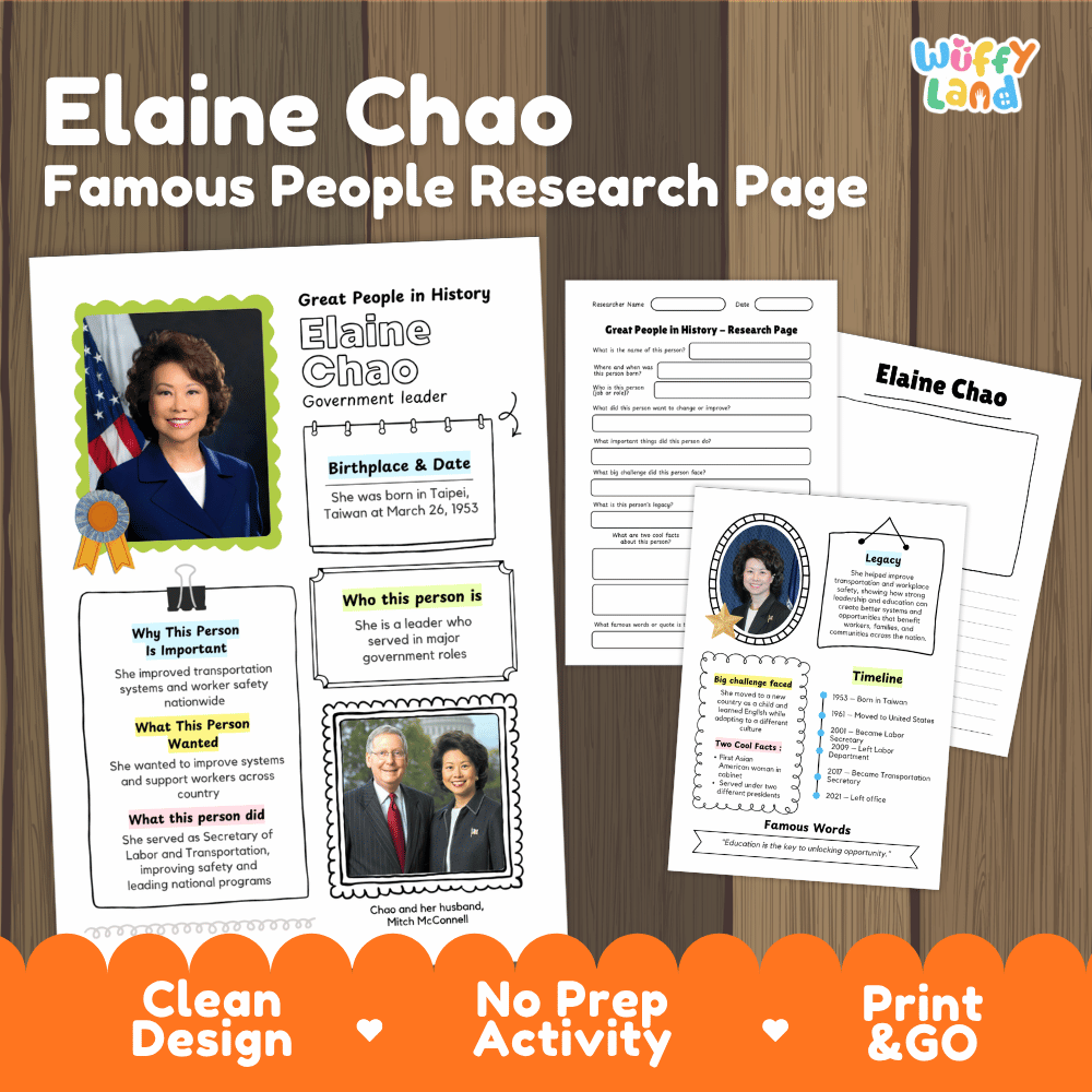 Elaine Chao biography research worksheets pack featuring graphic organizers, timeline activity, and student writing template