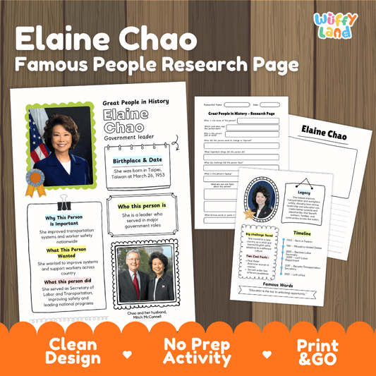 Elaine Chao biography research worksheets pack featuring graphic organizers, timeline activity, and student writing template