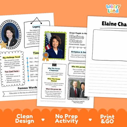Great People in History student fact profile card detailing Elaine Chao's birthplace, government leadership, and achievements